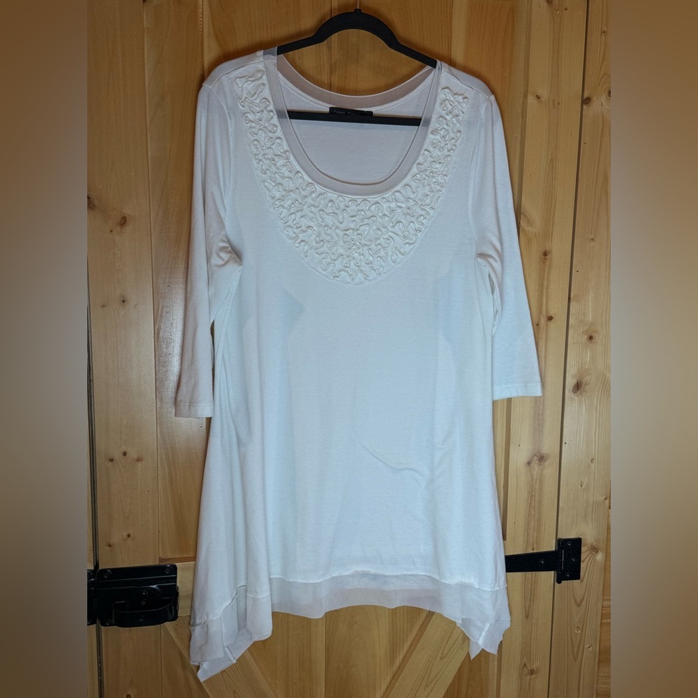 Casual Express Pearl Ivory Ribbon Ruffle 3/4 Sleeve Tunic Size XL - Picture 3 of 13